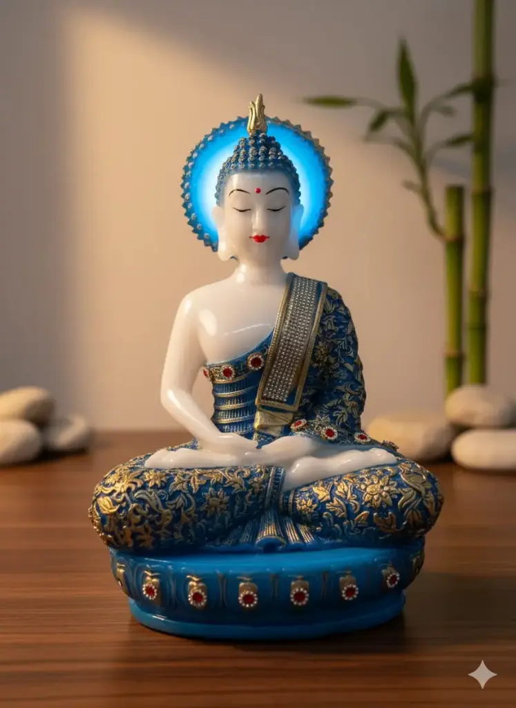 Elegant Blue & Gold Marble Dust Buddha Statue – 10 Inch Sitting Pose (10", White & Sky Blue)